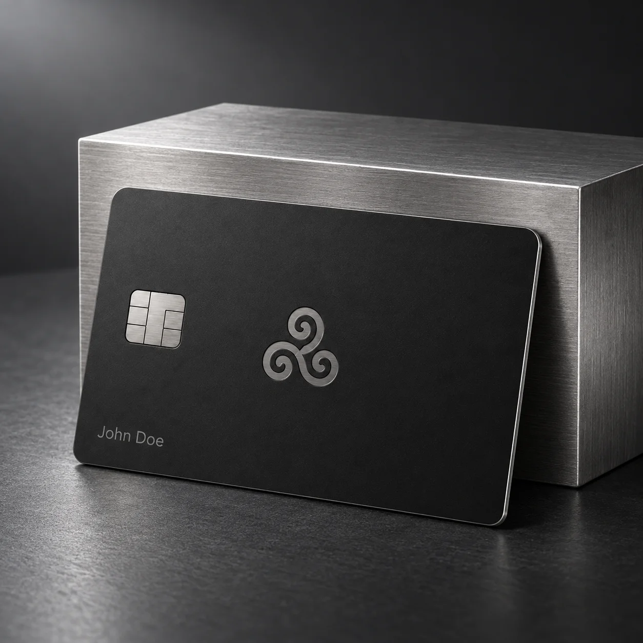 Black titanium Bursa card with an engraved triple swirl and the name John Doe, leaning against a brushed titanium block under studio lighting.